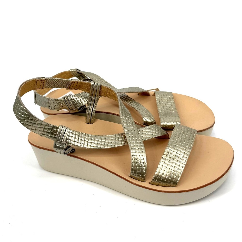 NWT OluKai Onohi Strappy Bubbly Gold Metallic Leather Platform Wedge‎ Sandals W6 - Picture 5 of 10